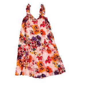 H&M Maxi Dress Large Pink Yellow Ruffle A-Line Floral Sundress Sleeveless Flowy